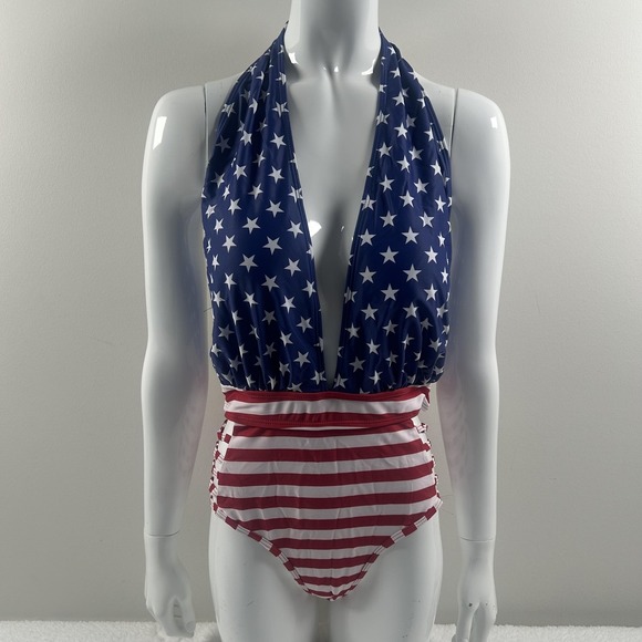 Aqua Eve Other - Aqua Eve Swimsuit Womens Medium USA Flag Star Stripe Halter One Piece Patriotic